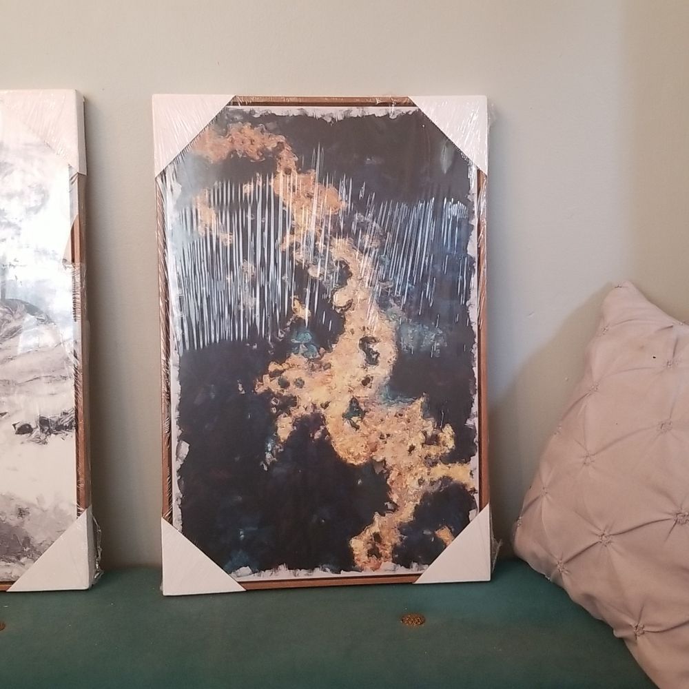 16" X 24" Faux Wood Framed Canvas Wall Art Navy, Gold, Teal, & Marble New Sealed